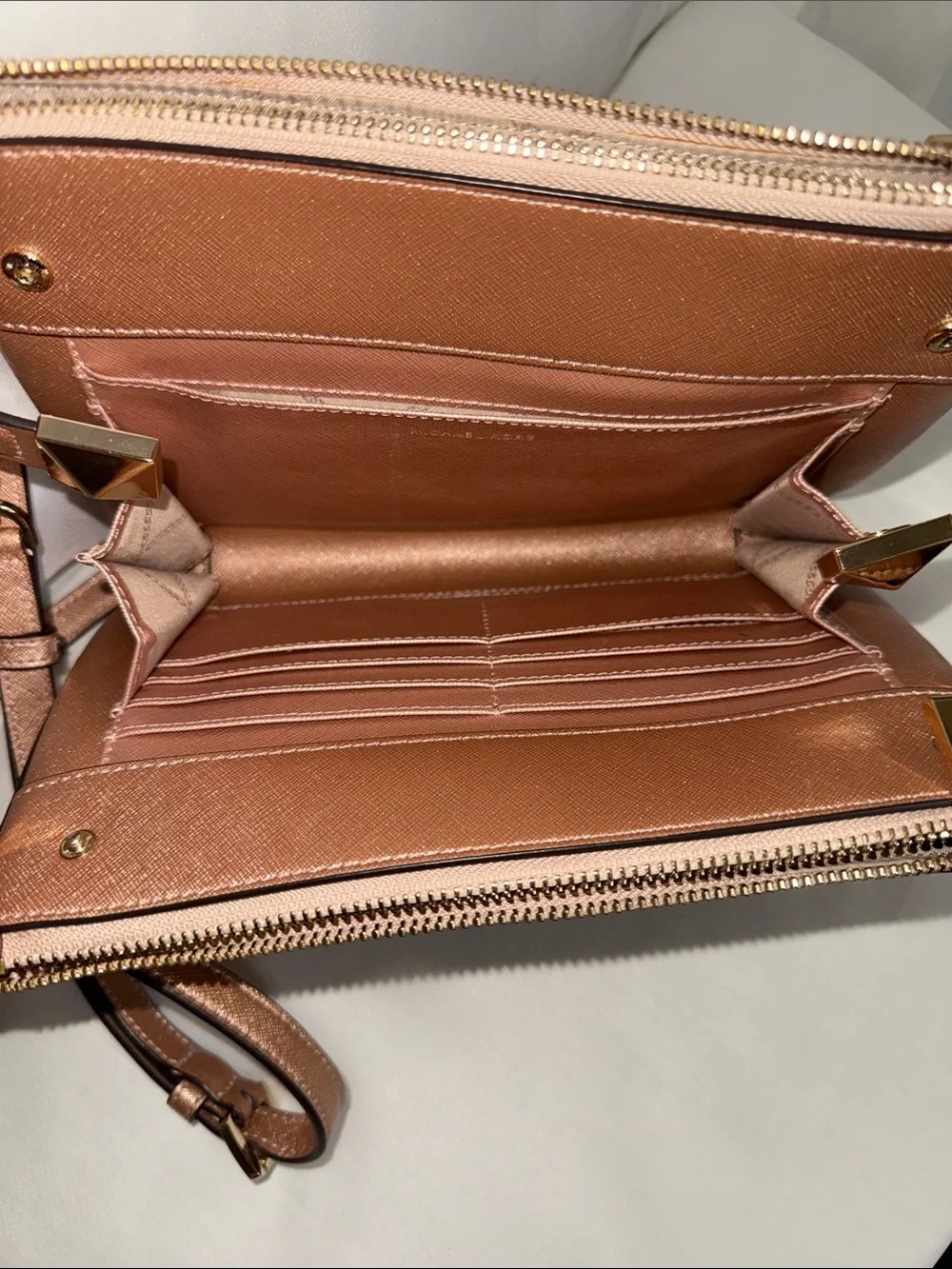 Michael Kors Karla Metallic Leather East West Crossbody In Ballet/Rose Gold
